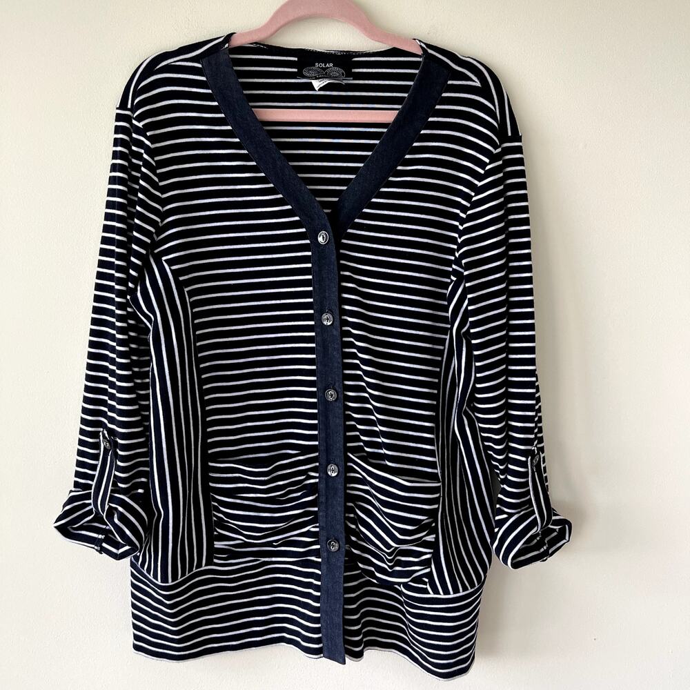 Solar by Lasania Womens Preppy Button-Up Striped Cardigan Size 16 Nautical Beach